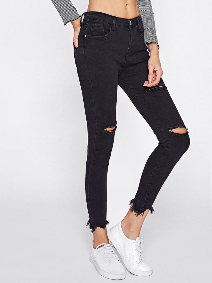 Shein Distressed Frayed Hem Skinny Jeans