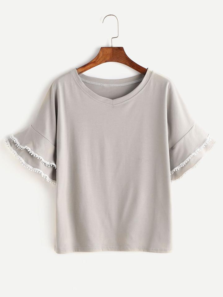 Shein Grey Tiered Bell Sleeve Crochet Trim T-shirt