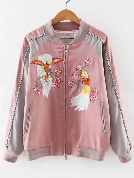 Shein Pink Rib-knit Cuff Embroidery Zipper Jacket