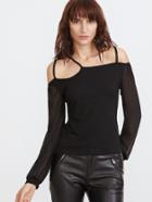 Shein Black Cold Shoulder Contrast Mesh Sleeve T-shirt