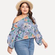 Shein Plus Asymmetric Neck Gathered Sleeve Floral & Striped Top