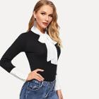 Shein Contrast Tie Neck And Cuff Fitted Top