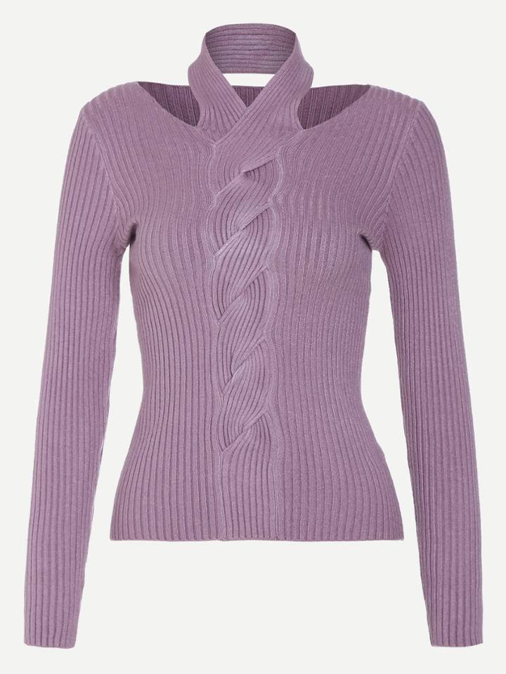 Shein Purple Halter Twisted Knit Trim Ribbed Sweater