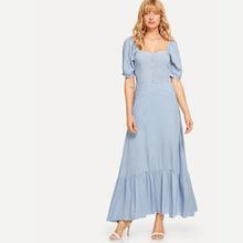 Shein Button Up Puff Sleeve Ruffle Hem Dress