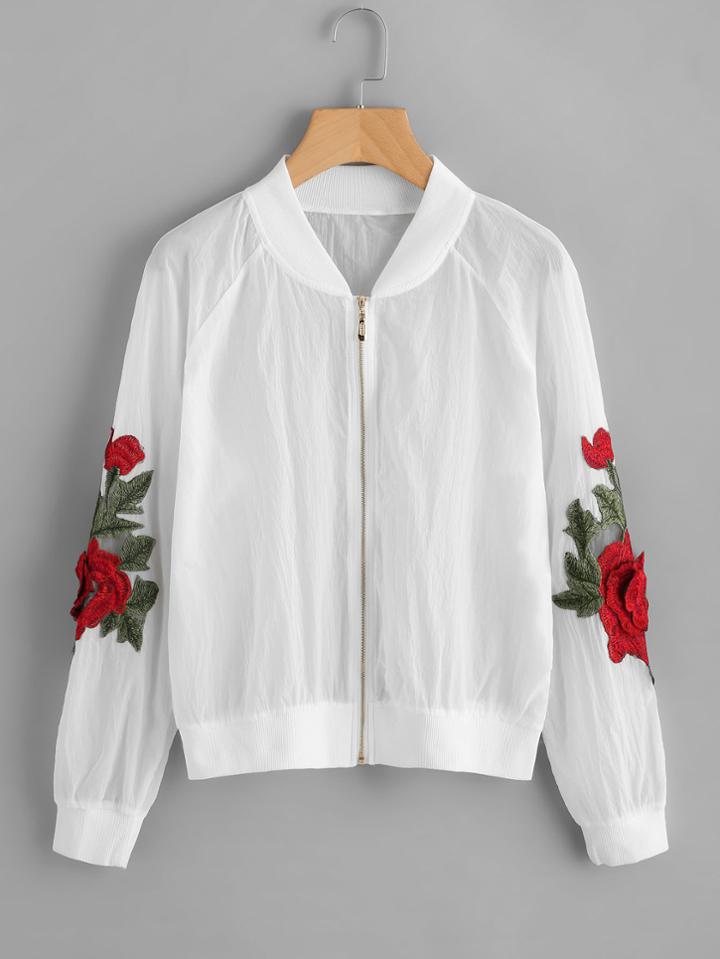 Shein 3d Flower Patch Semi Sheer Bomber Jacket