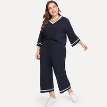 Shein Plus Striped Detail Blouse With Wide Leg Pants