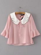 Shein Flute Sleeve Contrast Collar Self Tie Blouse