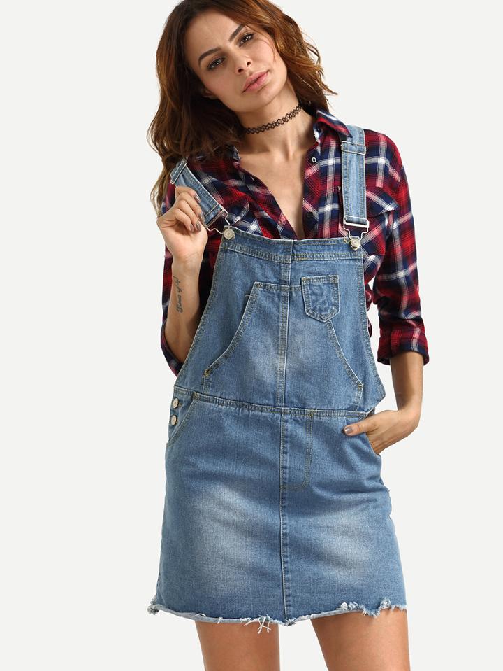 Shein Denim Pinafore Dress With Raw Hem