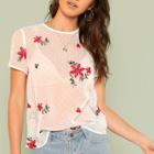Shein Floral Embroidered Sheer Mesh Top Without Bra