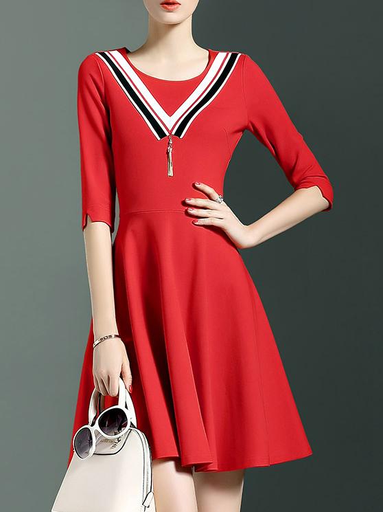 Shein Red Crew Neck Pockets A-line Dress