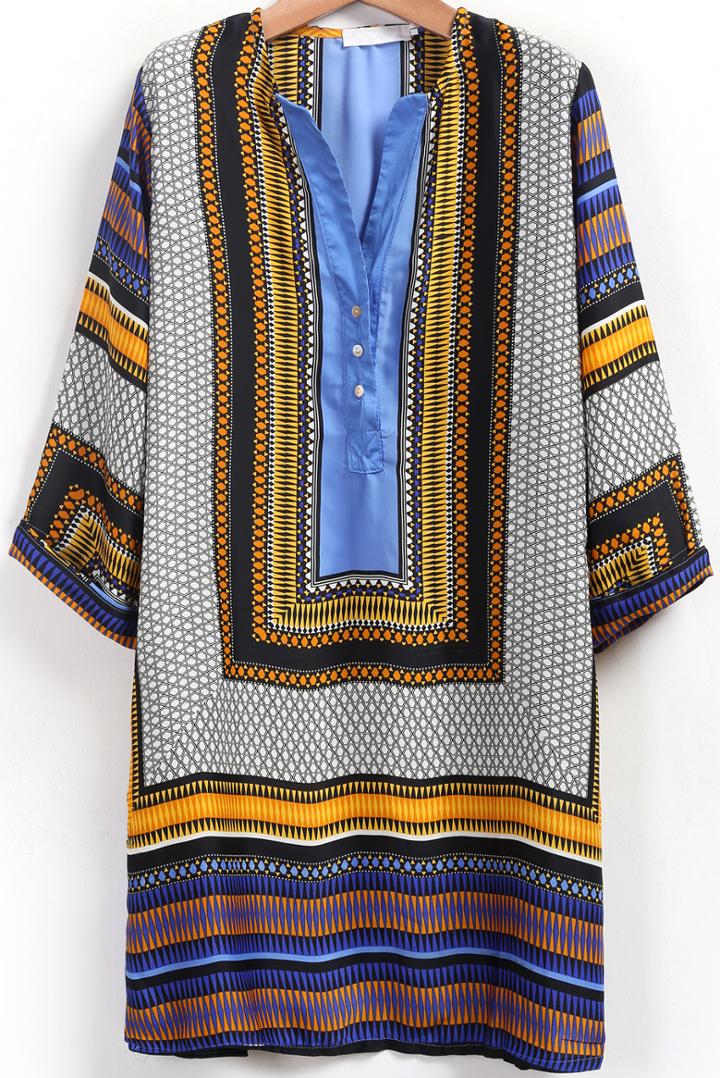 Shein Blue Woven V Neck Tribal Print Shift Dress