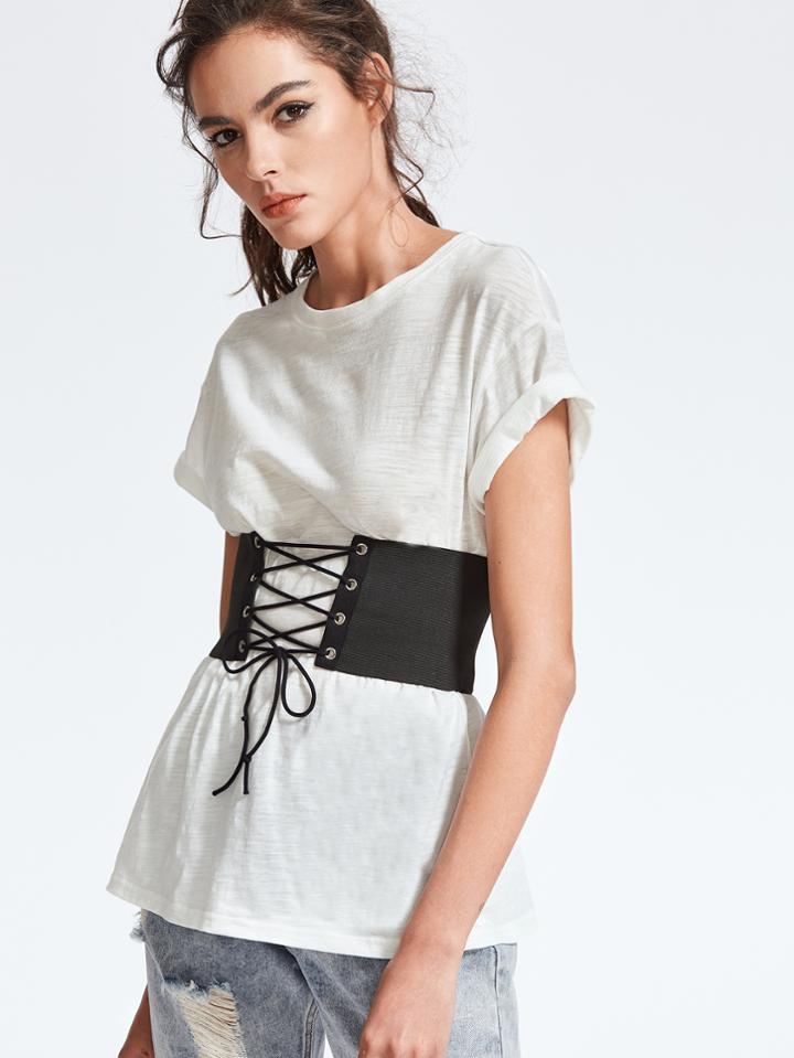 Shein White Drop Shoulder Slub T-shirt With Lace Up Wide Belt