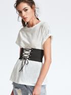 Shein White Drop Shoulder Slub T-shirt With Lace Up Wide Belt