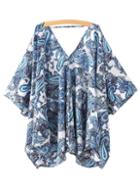 Shein Blue Batwing Sleeve Totem Print Blouse