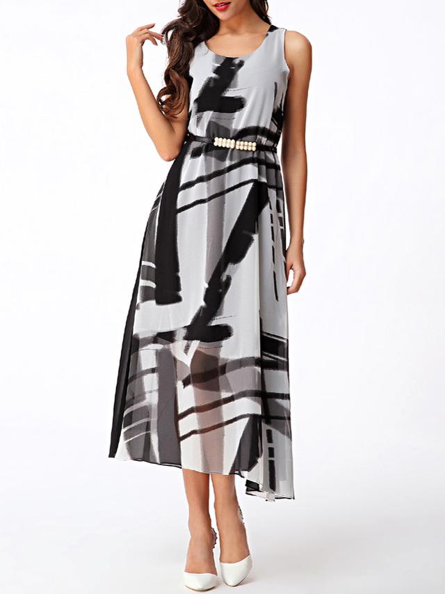 Shein Black Ink Print Bohemian Long Dress With Belt