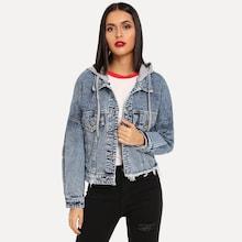 Shein Drop Shoulder Raw Hem Denim Hooded Jacket