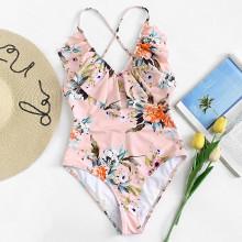 Shein Flounce Neckline Botanical Swimsuit