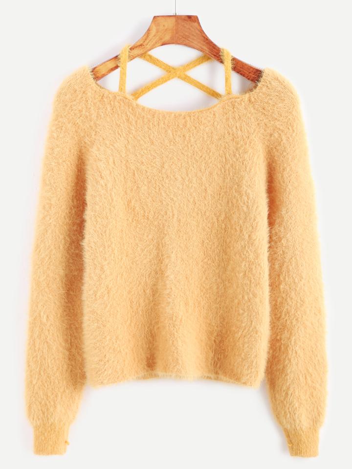 Shein Orange Lattice Back Fuzzy Sweater