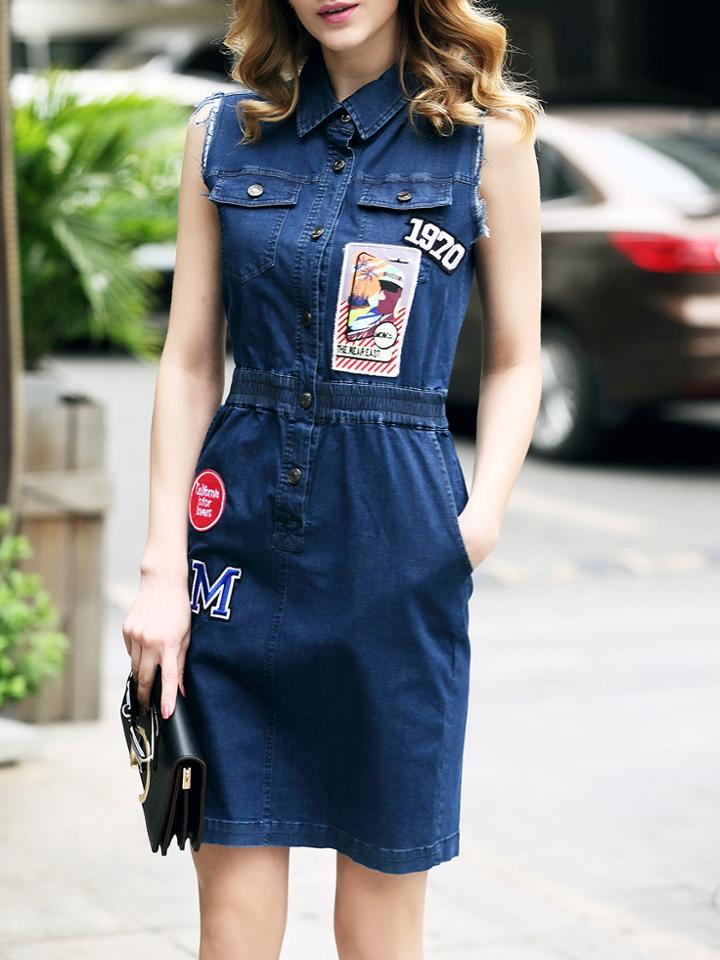 Shein Applique Pouf Elastic-waist Pockets Denim Dress