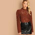 Shein Frilled Neck Puff Sleeve Lace Top