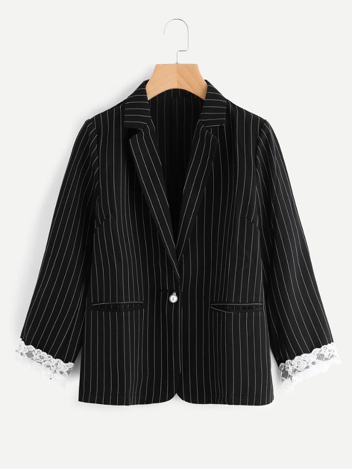 Shein Pinstripe Contrast Lace Blazer With Faux Pearl Detail