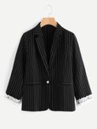 Shein Pinstripe Contrast Lace Blazer With Faux Pearl Detail