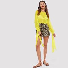 Shein Knot Cuff Solid Pleated Blouse
