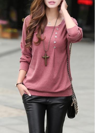 Rosewe Charming Round Neck Button Design Autumn T Shirt