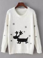 Shein White Round Neck Deer Snowflake Print Sweater