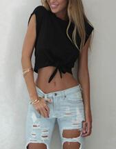 Shein Black Round Neck Knotted Crop T-shirt