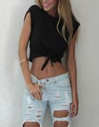 Shein Black Round Neck Knotted Crop T-shirt