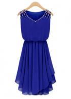 Rosewe Rhinestone Embellished Solid Blue Chiffon Dress