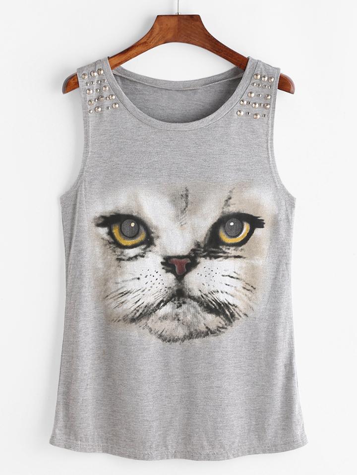 Shein Cat Print Studded Tank Top