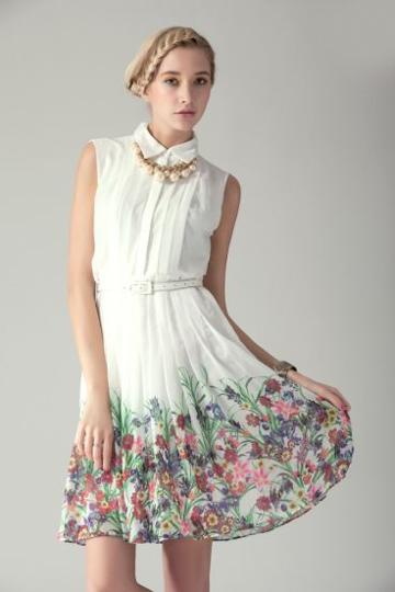 Shein White Sleeveless Pearls Embellished Floral Print Dress