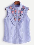 Shein Striped Button Ruffle Trim Embroidered Blouse