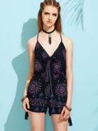 Shein Navy Ornate Print Halter Neck Drawstring Side Romper