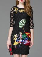 Shein Black Sheer Sleeve Embroidered Shift Dress