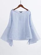 Shein Striped Boat Neck Slit Bell Sleeve Blouse With Zipper