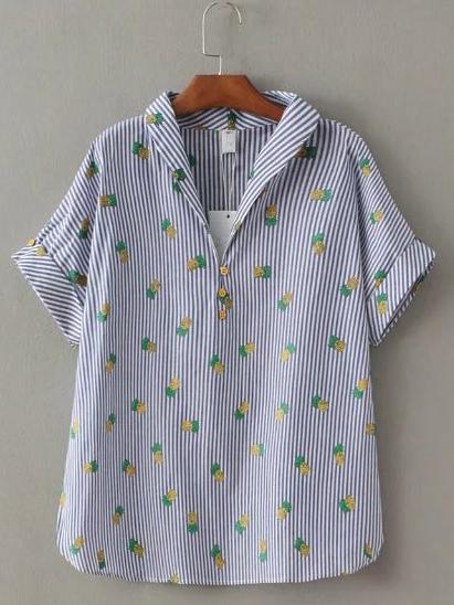 Shein Blue Stripe Pineapple Printed Blouse