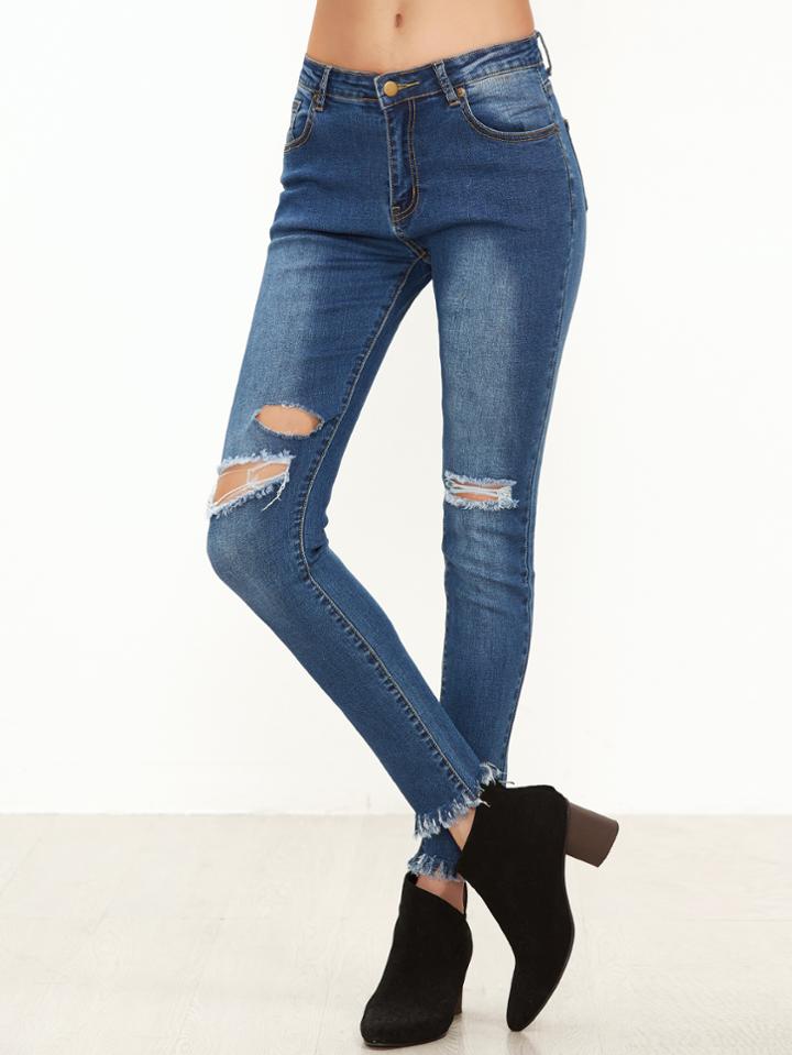 Shein Blue Knee Ripped Frayed Hem Skinny Jeans