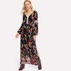 Shein Tassel Detail Bishop Sleeve Slit Hem Tribal Dress