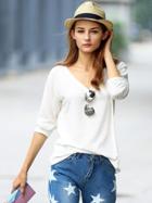 Shein White V Neck Vintage Loose T-shirt