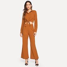 Shein Single Breasted Knot Hem Top With Pants