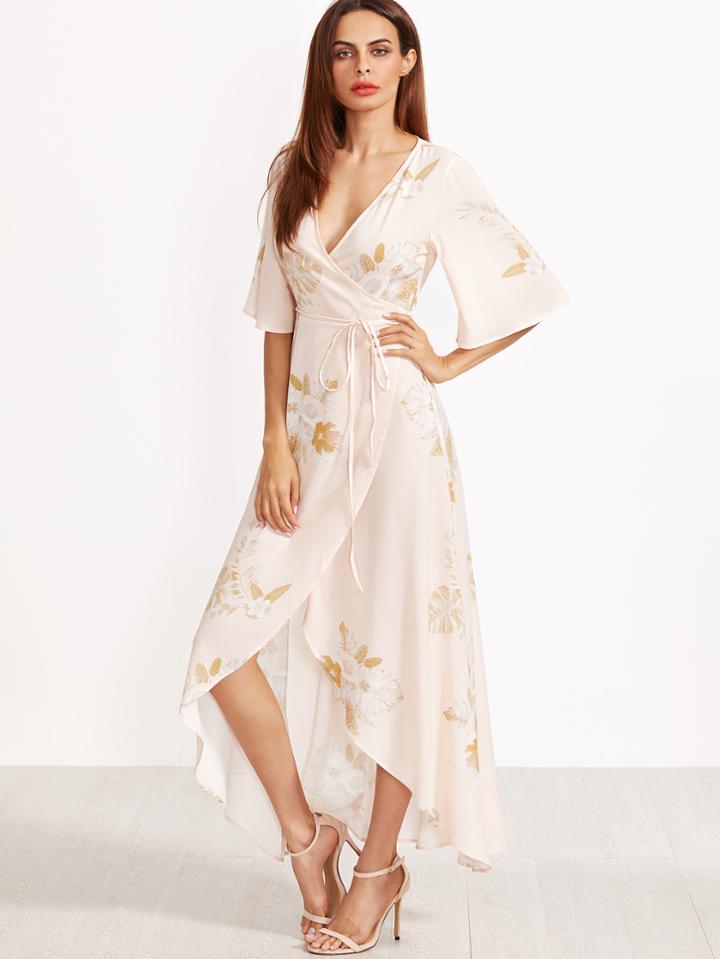 Shein Flower Print Kimono Sleeve Surplice Wrap Dip Hem Dress