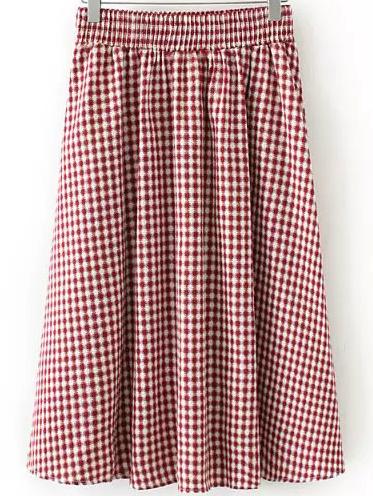 Shein Red White Elastic Waist Plaid Skirt
