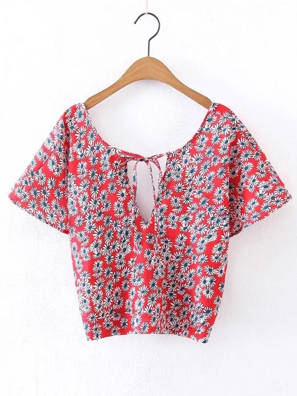 Shein Ditsy Print Tie Neck V Back Crop Top