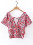 Shein Ditsy Print Tie Neck V Back Crop Top