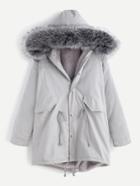 Shein Grey Faux Fur Trim Drawstring Fleece Inside Hooded Coat