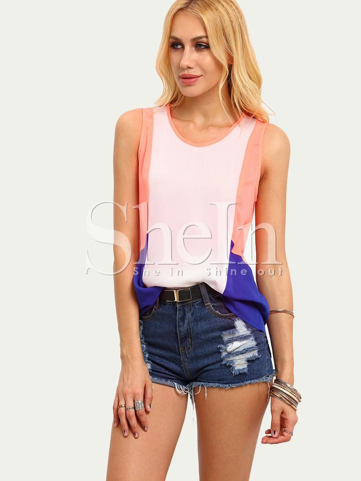 Shein Multicolor Patchwork Sleeveless Dip Hem Blouse