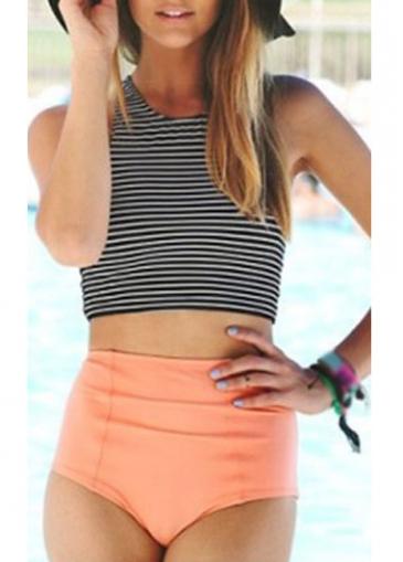 Rosewe Orange Panty And Striped Tank Top Two Piece Swimwear